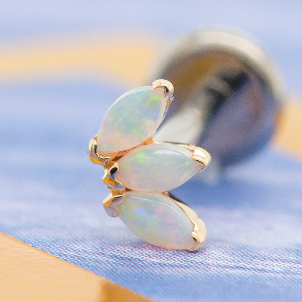 Triple Marquise Fan Threaded End in Gold & Platinum with Genuine White Opals