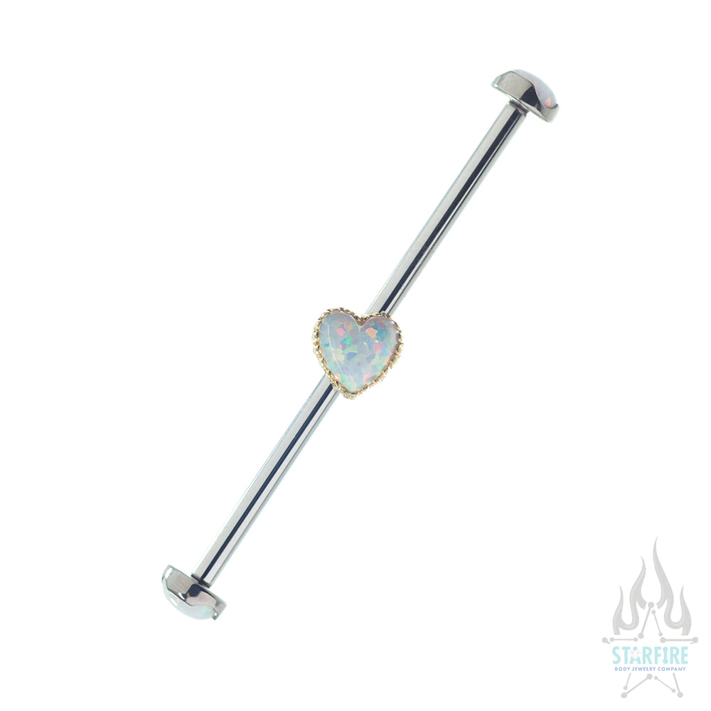 Heart-Cut Opal Cabochon on Axis Industrial Barbell in Yellow Gold - Left Ear