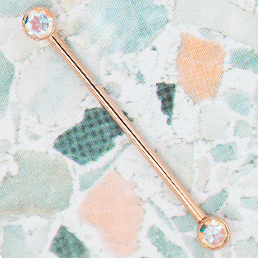 Forward Facing Industrial Barbell in Gold & Platinum with Mercury Mist Topaz'