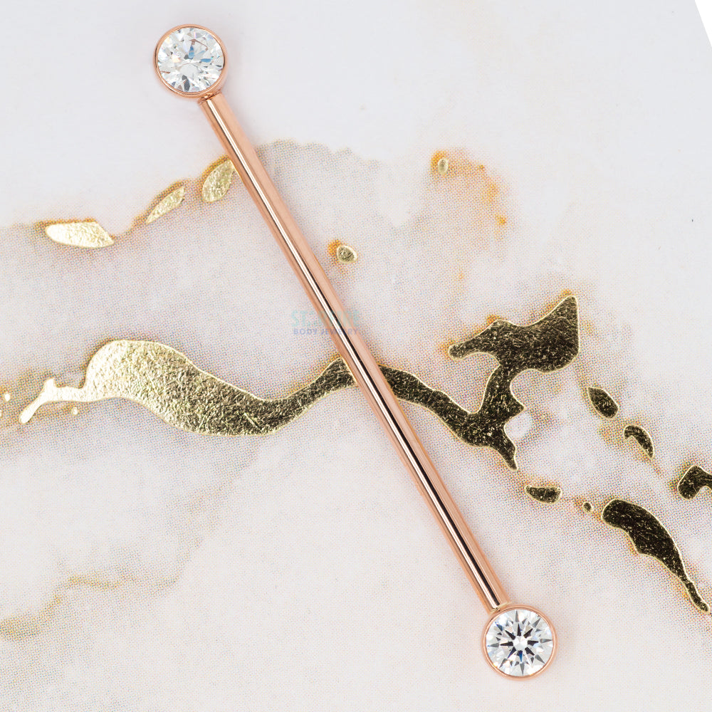 Forward Facing Industrial Barbell in Gold & Platinum with White CZ's