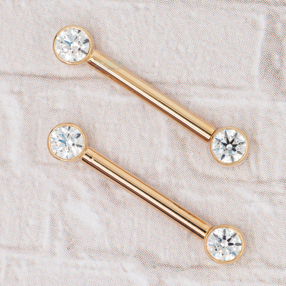 Forward Facing Nipple Barbells in Gold with White CZ's