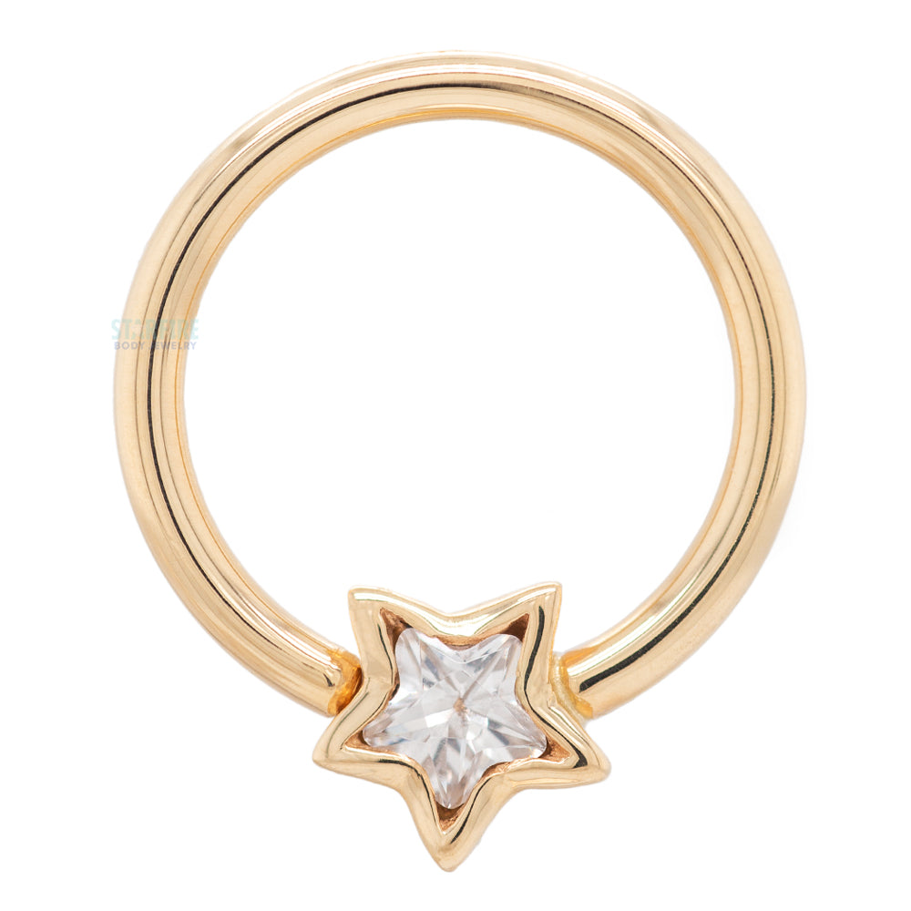 "Razmatazz" Star Bezel Fixed Bead Ring (FBR) in Gold & Platinum with White CZ
