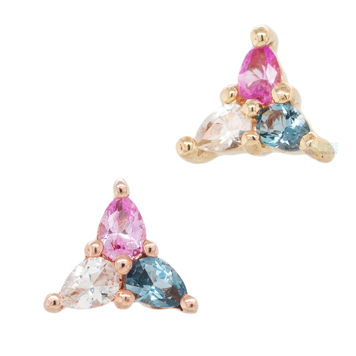 threadless: "3 Little Pears" End in Gold with Pink Sapphire, London Blue Topaz & White Topaz