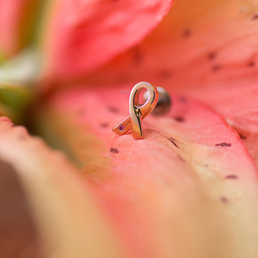 Breast Cancer Awareness Ribbon Threaded End in Gold & Platinum with Pink Sapphire