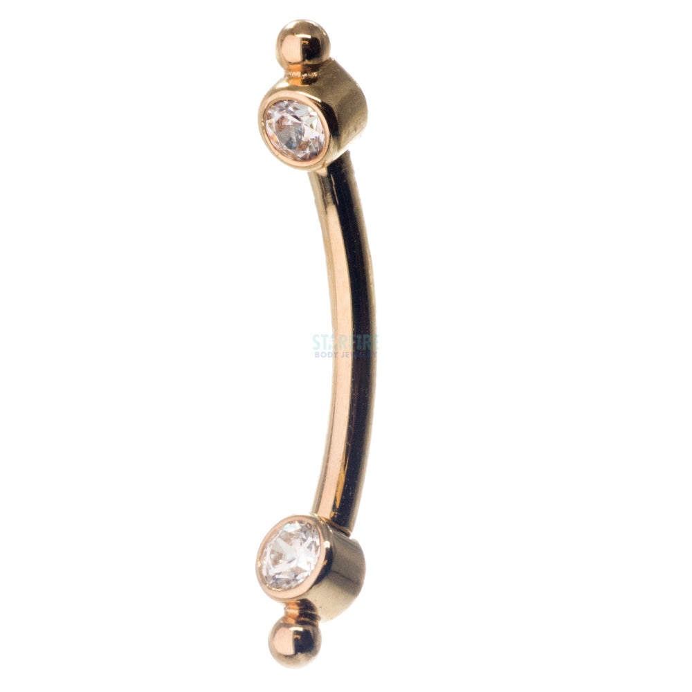 Gold Curved Barbell with White CZ's in Forward Facing Bezels & Bead Accents