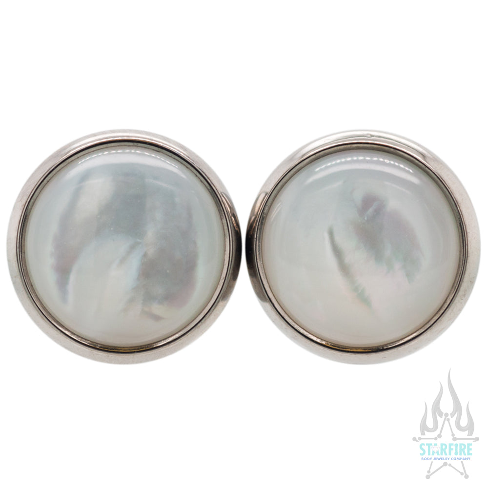 Titanium Natural Stone Cabochon Gem Plugs - White Mother-of-Pearl