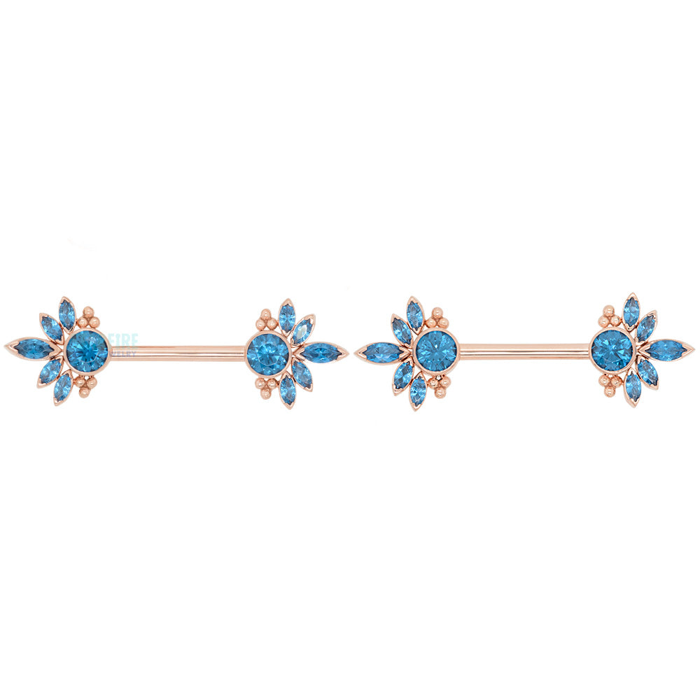 "Marceline" Side Set Faceted Gems Nipple Barbells in Gold - pair