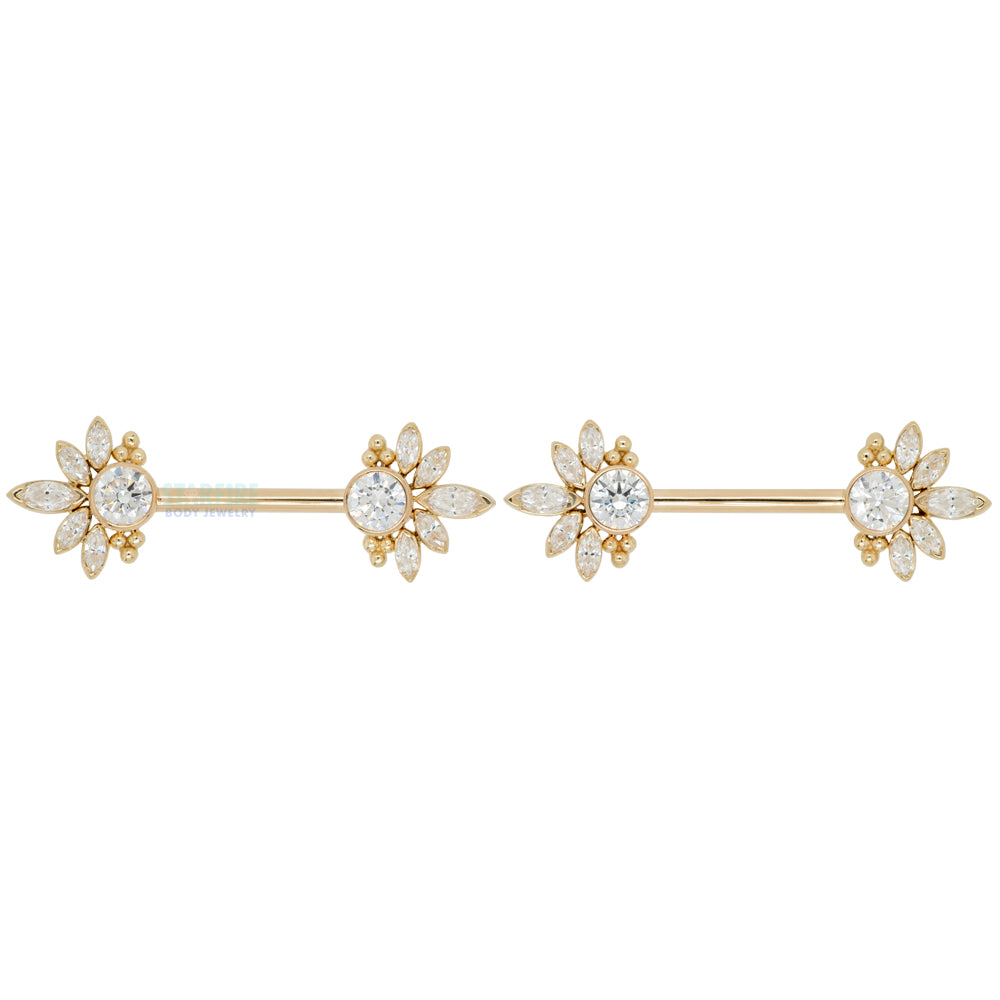 "Marceline" Side Set Faceted Gems Nipple Barbells in Gold - pair