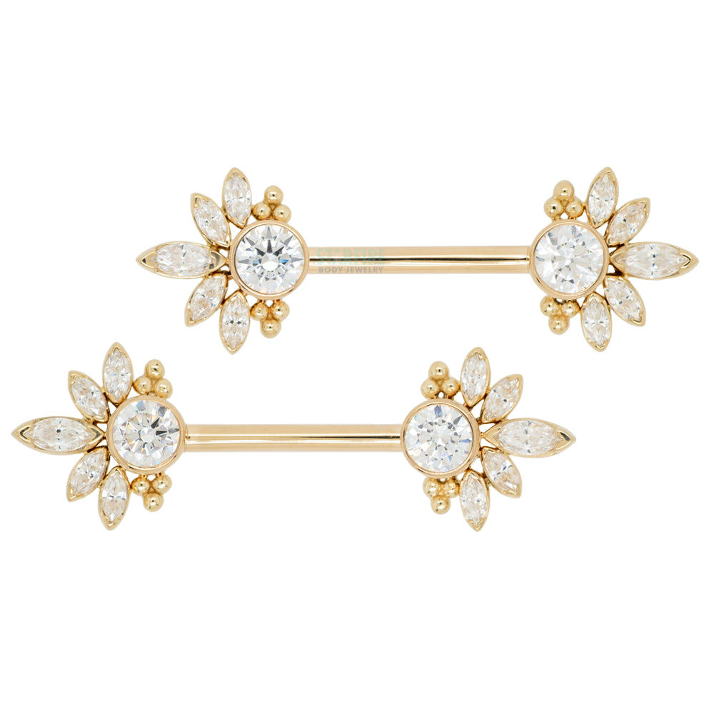 "Marceline" Side Set Faceted Gems Nipple Barbells in Gold - pair