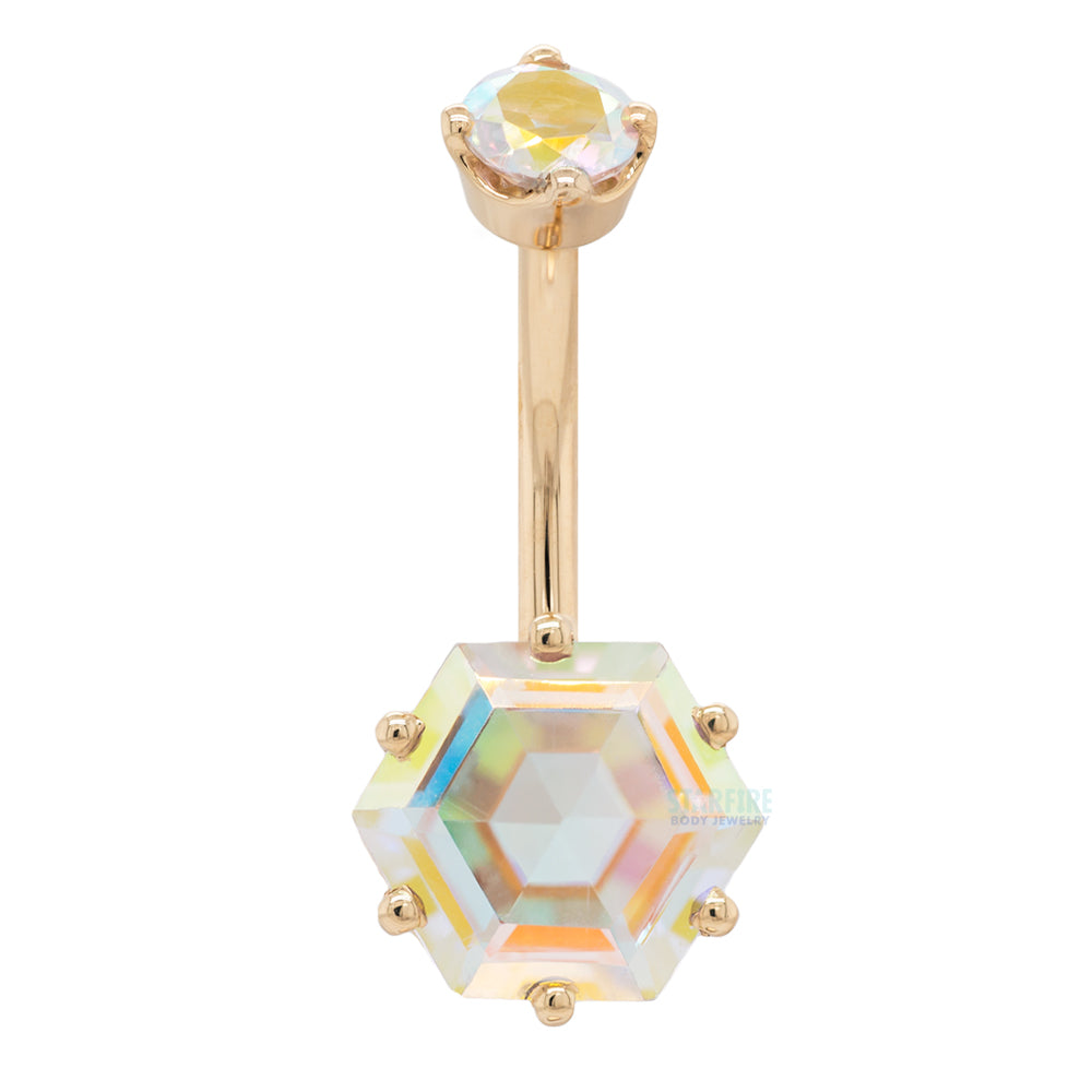 Hexagon Prong-Set Navel Curve in Gold & Platinum with Mercury Mist Topaz'