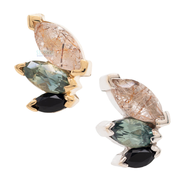 "French Kiss" Threaded End in Gold with Rutilated Quartz, Grey Sapphire & Onyx