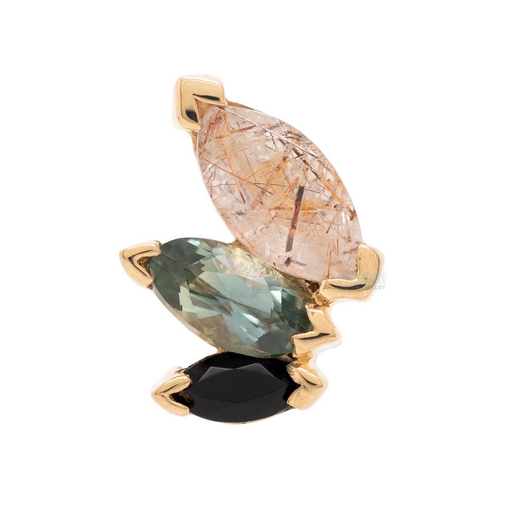 "French Kiss" Threaded End in Gold with Rutilated Quartz, Grey Sapphire & Onyx