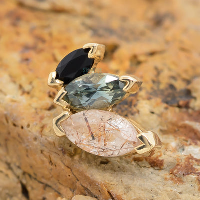 "French Kiss" Threaded End in Gold with Rutilated Quartz, Grey Sapphire & Onyx