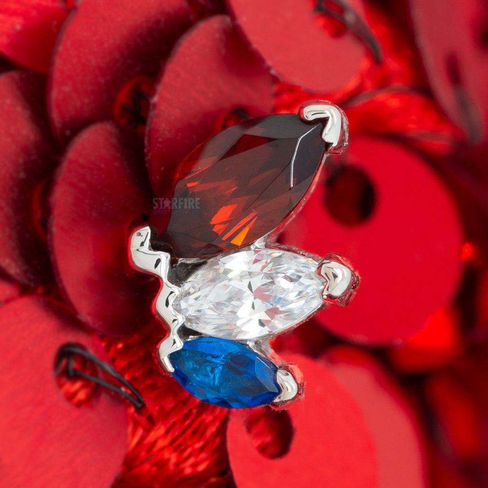 "French Kiss" Standard Threaded End in Gold & Platinum with Garnet, White CZ, & Synthetic Dark Blue