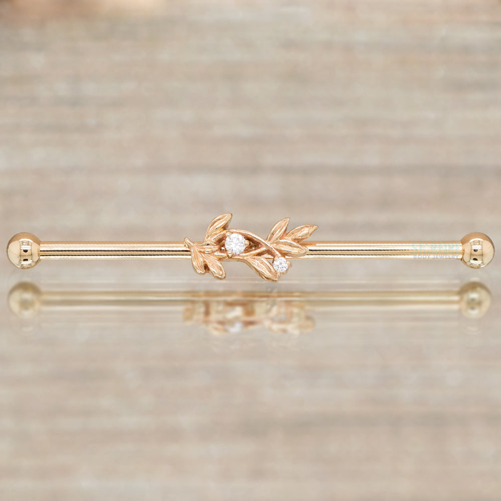 "Jessamine" Industrial Barbell in Gold with White CZ's