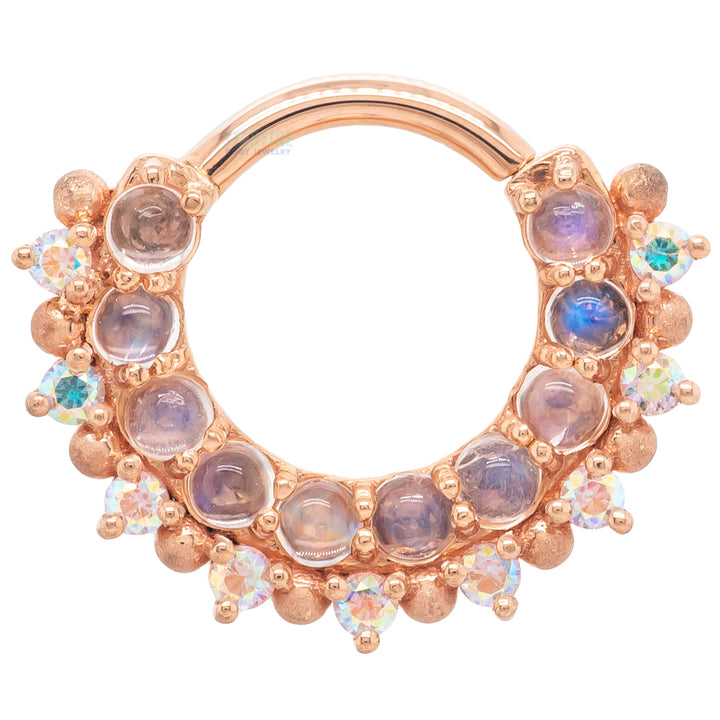 "Horizon 2" Hinge Ring in Gold & Platinum with Rainbow Moonstone & Mercury Mist Topaz with Sandblasted Bead Accents