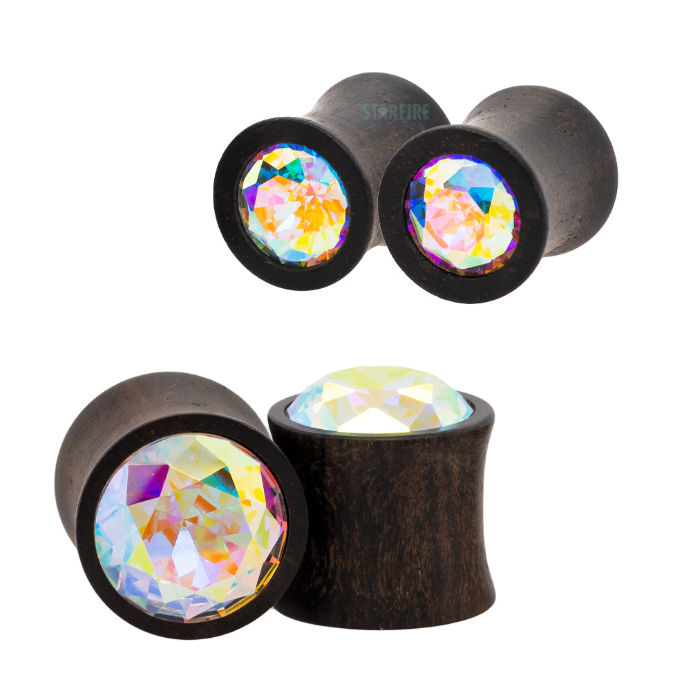 Round Swarovski Plugs in Wood - Crystal AB