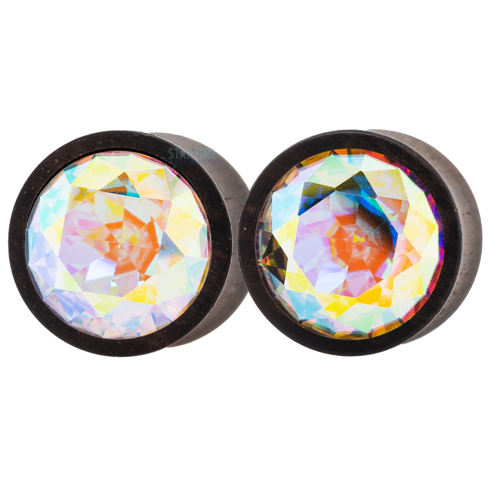 Round Swarovski Plugs in Wood - Crystal AB