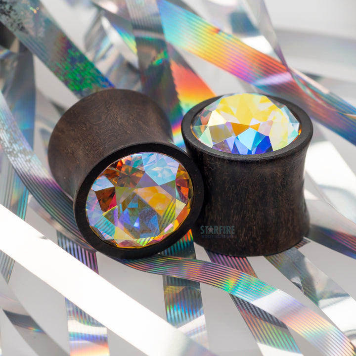 Round Swarovski Plugs in Wood - Crystal AB