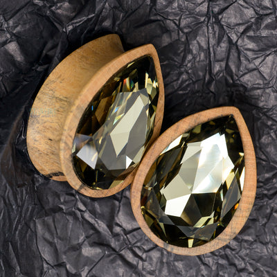 Teardrop Swarovski Plugs in Black & White Ebony Wood - Black Diamond