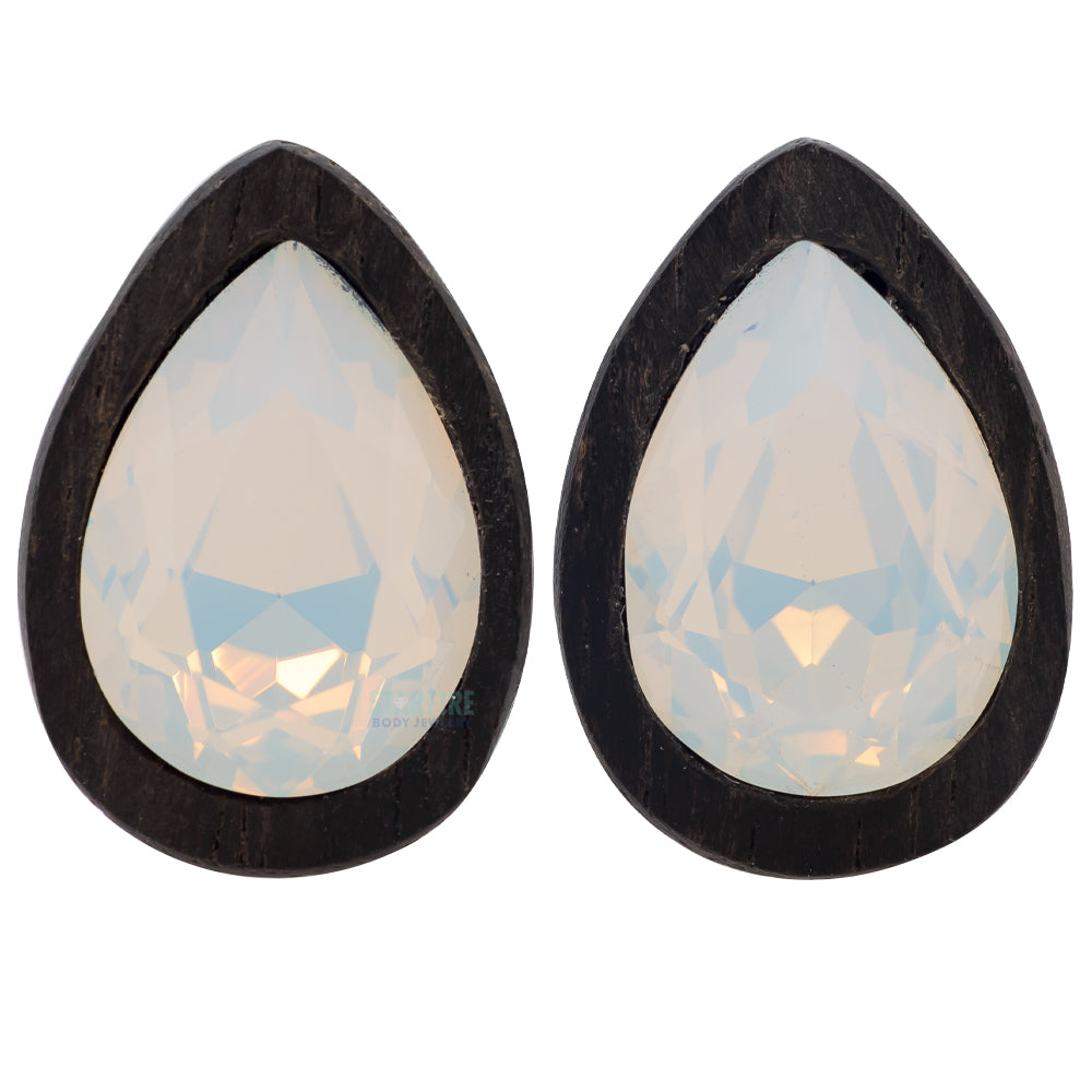Teardrop Swarovski Plugs in Wood - White Opal