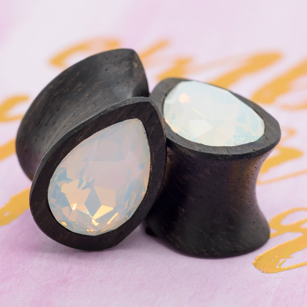 Teardrop Swarovski Plugs in Wood - White Opal