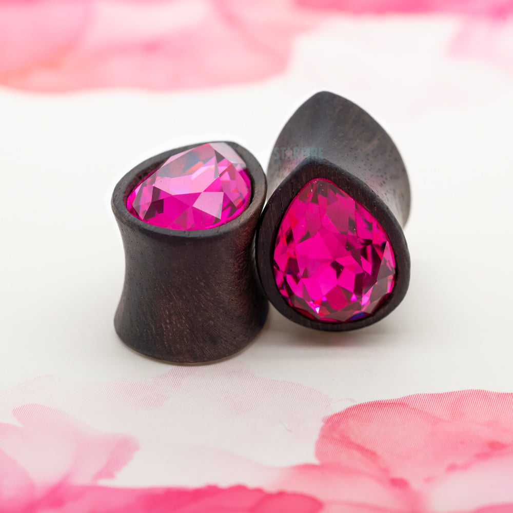 Teardrop Swarovski Plugs in Wood - Fuchsia