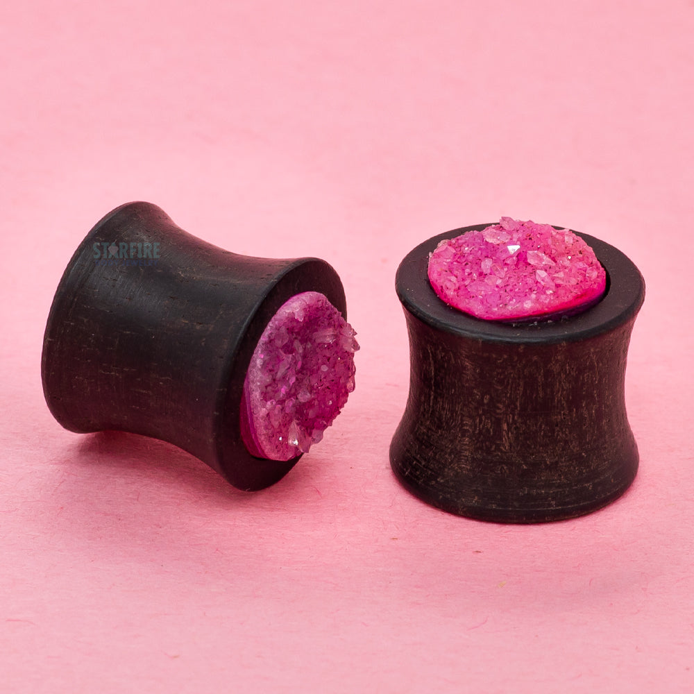 Rough Druzy Plugs in Wood - Pink