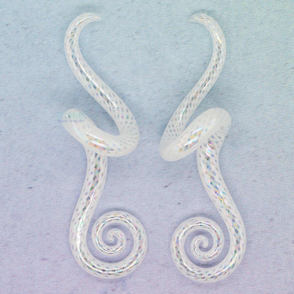 Glass Mini Drop Spiral Curls - Oil Slick White Fishnet