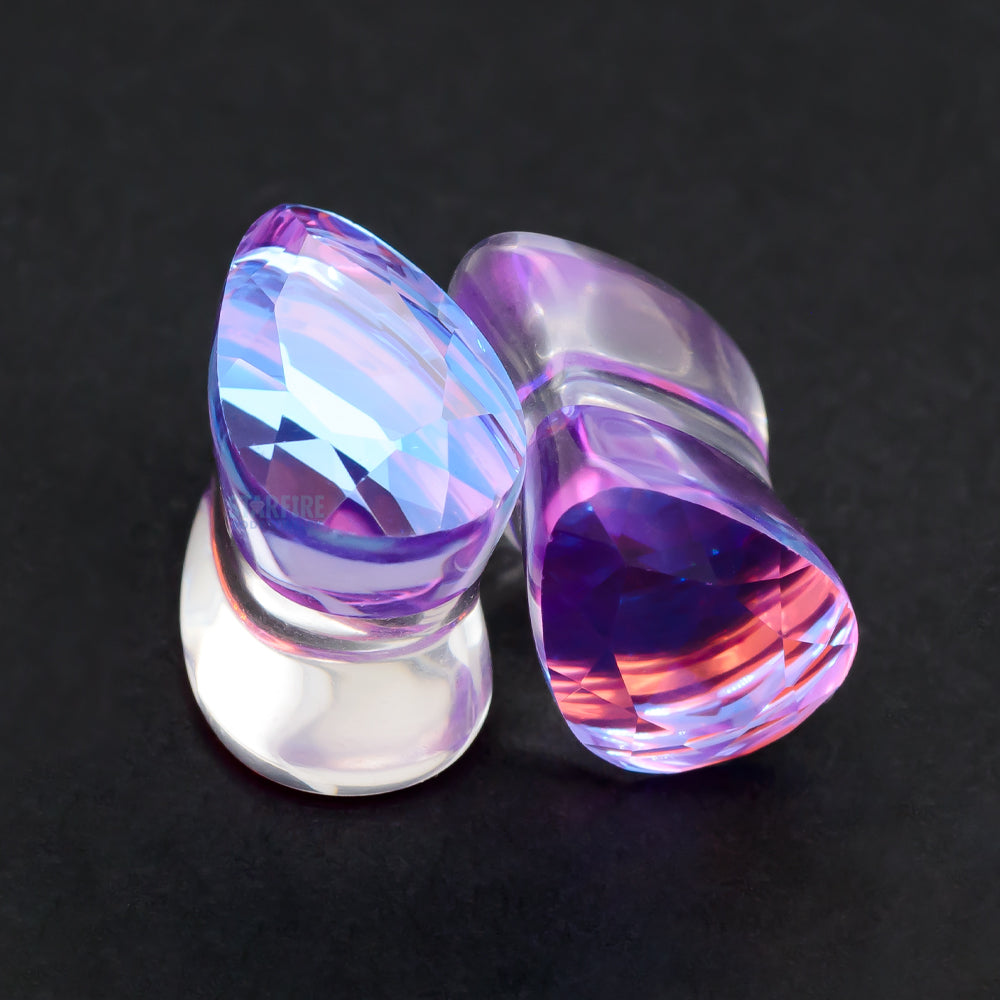 Faceted Glass Teardrop Plugs - Aurora Borealis - Purple