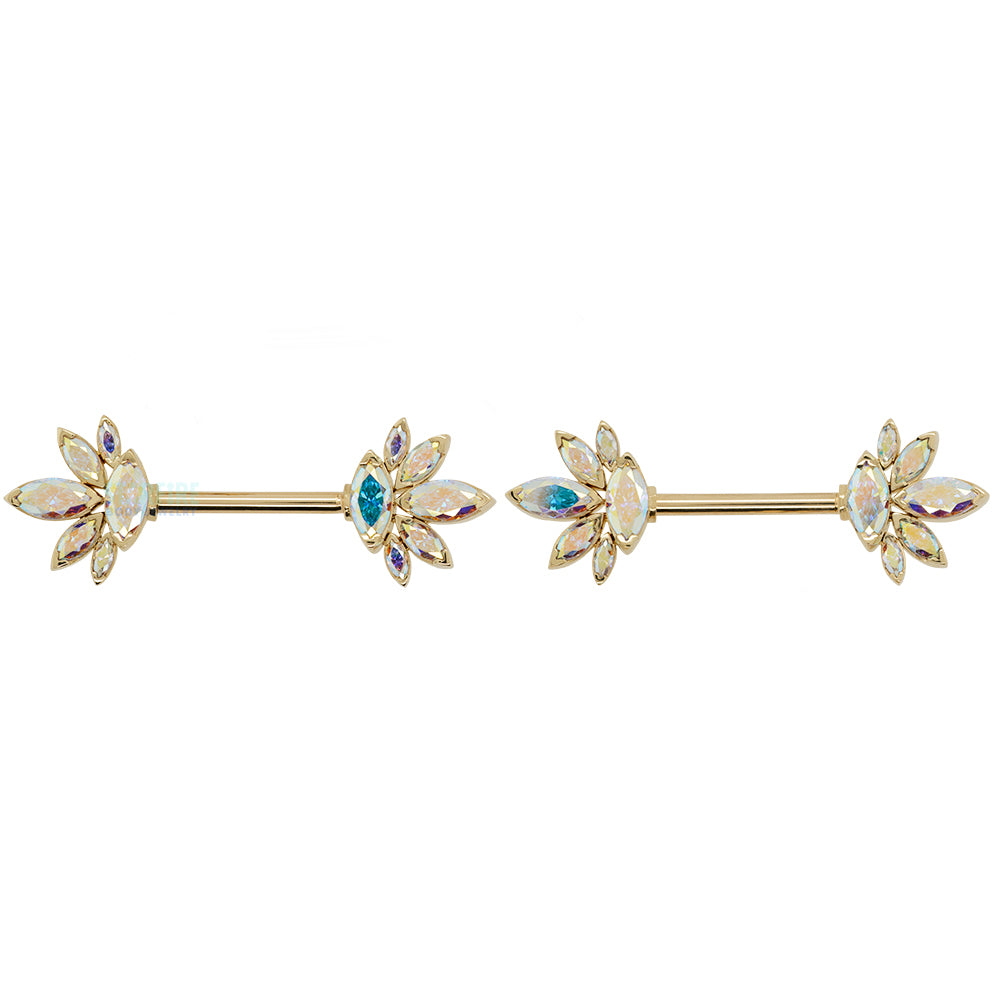 "Mae" Side Set Faceted Gems Nipple Barbells in Gold - pair