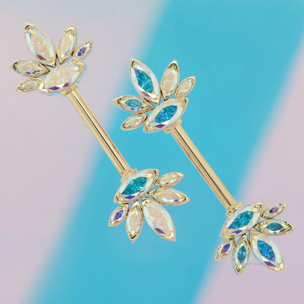 "Mae" Side Set Faceted Gems Nipple Barbells in Gold - pair