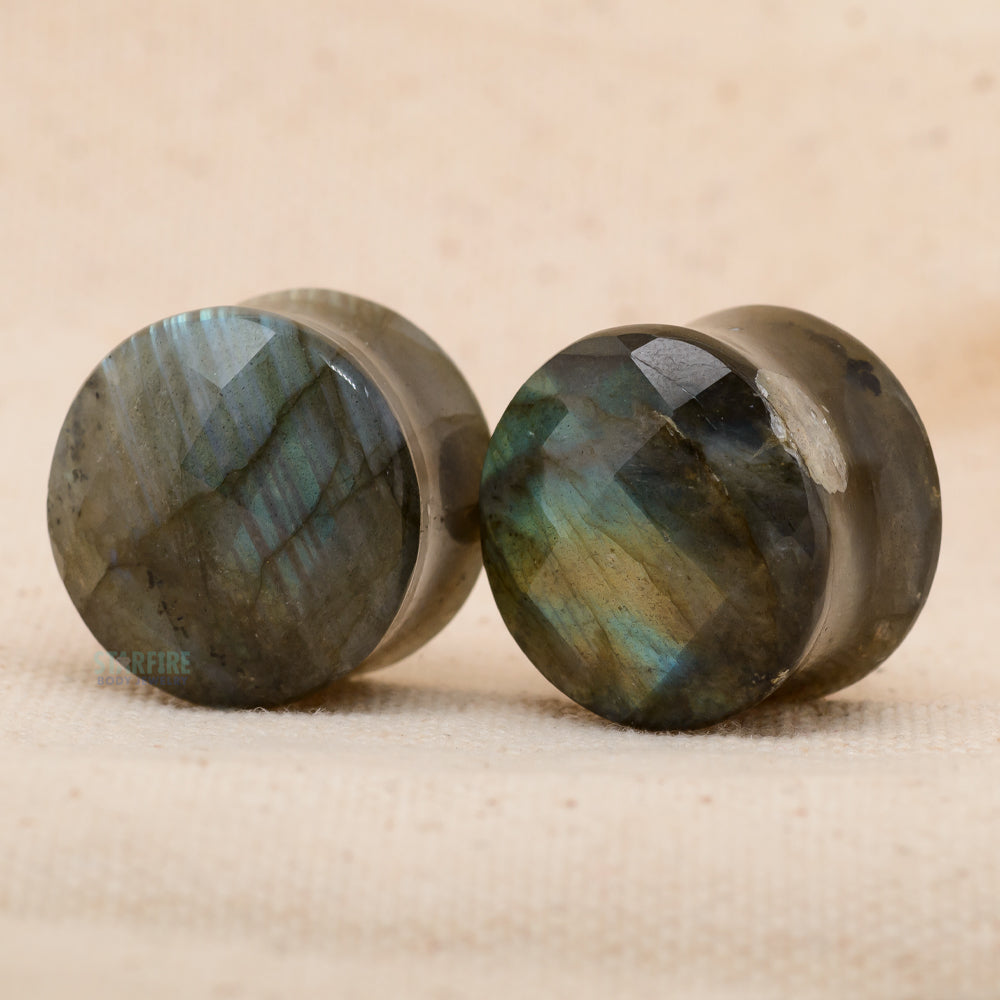 Double-Flared Faceted Stone Plugs - Labradorite (3/4")