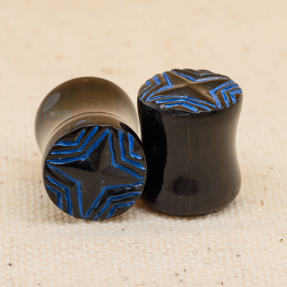 Double-Flared Horn Plugs - Blue Lacquer Inlay (1/2")
