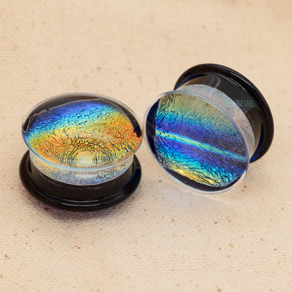 Double-Flared Glass Dichro Encased Dome Plugs - Rainbow (7/8")