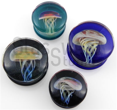 Jellyfish - Amber/Purple on Caribbean Blue Glass Plugs